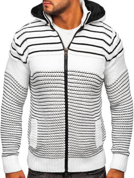 Бял дебел с цип мъжки пуловер-яке с вдигната яка Bolf 2031