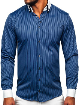 Мъжка елегантна риза на райета с дълъг ръкав тъмносиня Bolf 0909
