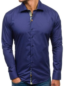 Мъжка елегантна риза с дълъг ръкав тъмносиня Bolf 9983