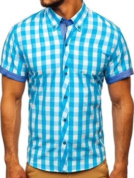 Мъжка карирана риза с къс ръкав цвят тюркоаз Bolf 6522