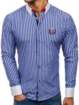 Мъжка риза на райета с дълъг ръкав синя Bolf 1771