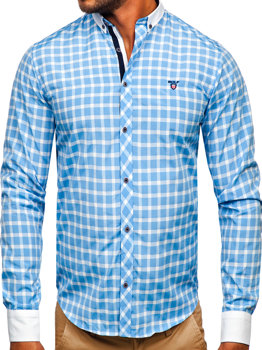 Небесносиня мъжка карирана елегантна риза с дълъг ръкав Bolf 5737-1