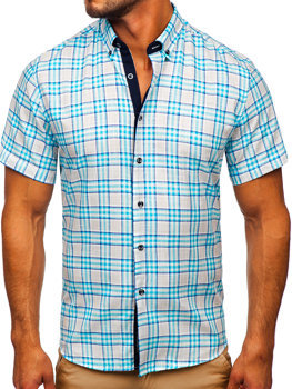 Небесносиня мъжка карирана риза с къс ръкав Bolf 201501