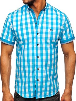 Небесносиня мъжка карирана риза с къс ръкав Bolf 4508