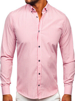 Розова мъжка карирана риза с дълъг ръкав Bolf 22745