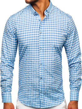 Синя мъжка карирана риза с дълъг ръкав Bolf 22747