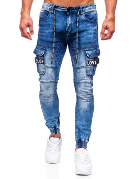 Тъмносини дънкови мъжки панталони тип джогъри с карго джобове slim fit Bolf E9639