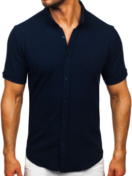 Тъмносиня мъжка риза от муселин с къс ръкав Bolf 2013