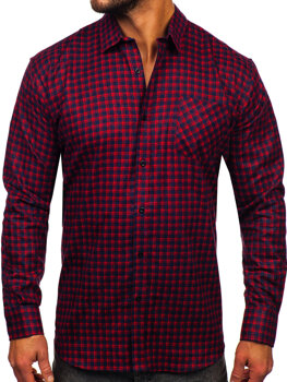 Червена мъжка бархетна карирана риза с дълъг ръкав Bolf F5