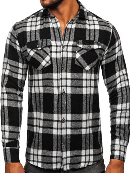 Черно-бяла карирана бархетна мъжка риза с дълъг ръкав Bolf 22702