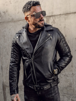 Черно кожено рокерско мъжко яке с качулка biker Bolf 11Z8005