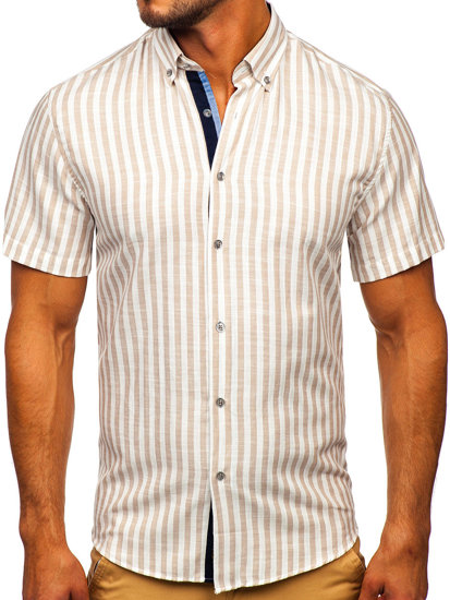 Бежева мъжка рaирана риза с къс ръкав Bolf 21500