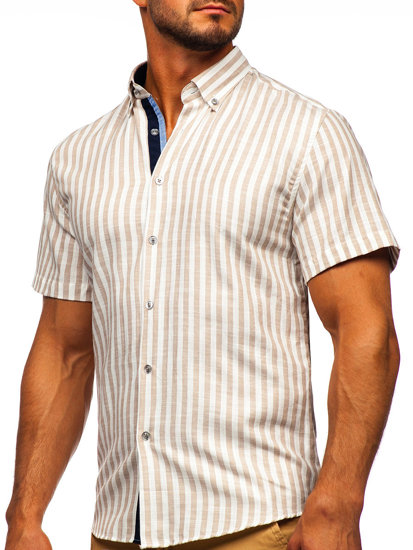 Бежева мъжка рaирана риза с къс ръкав Bolf 21500