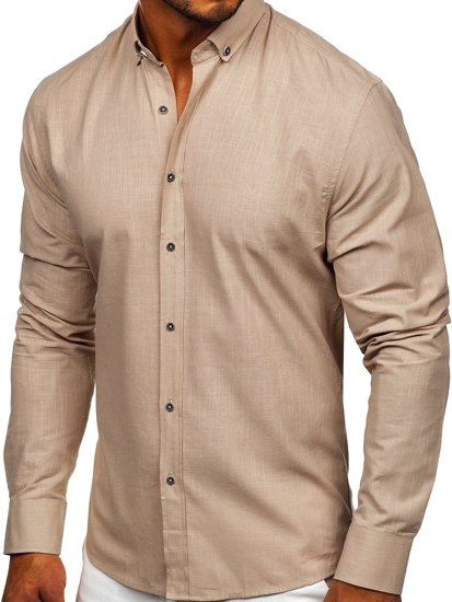 Бежова мъжка памучна риза с дълъг ръкав Bolf 20701