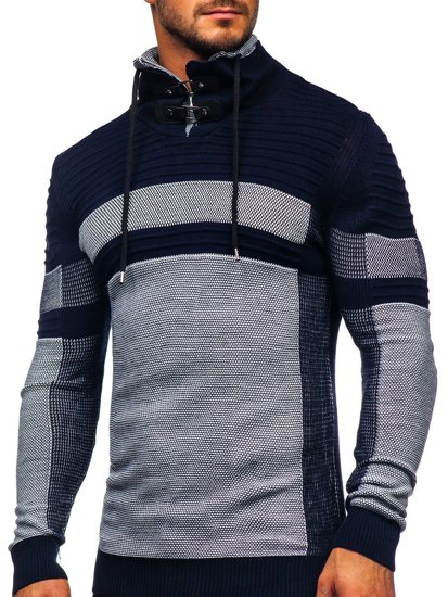 Дебел тъмносин мъжки пуловер с висока яка Bolf 1053