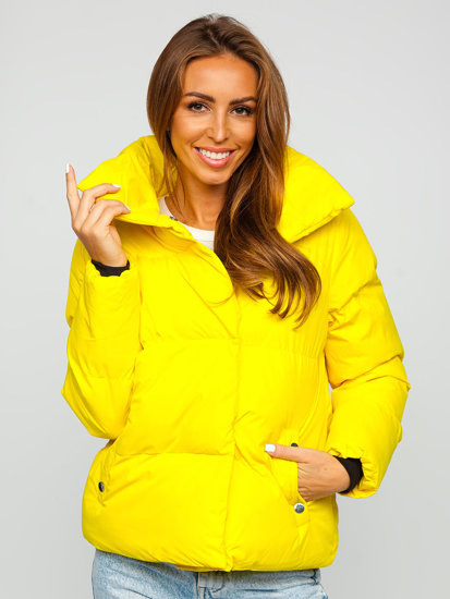 Жълто капитонирано дамско зимно яке без качулка Bolf 23062