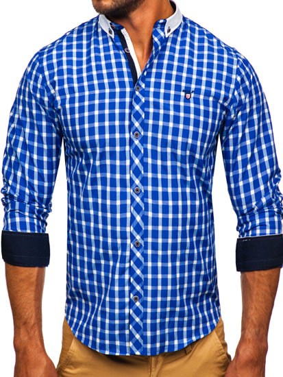Кобалтова мъжка карирана елегантна риза с дълъг ръкав Bolf 5737-1