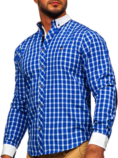 Кобалтова мъжка карирана елегантна риза с дълъг ръкав Bolf 5737-1