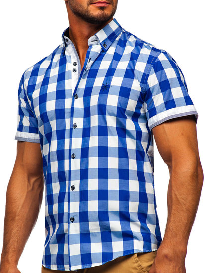 Метличносиня мъжка карирана риза с къс ръкав Bolf 4508