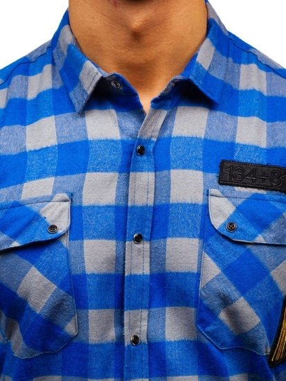 Мъжка бархетна риза с дълъг ръкав синьо-сива Bolf 2503