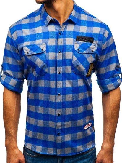 Мъжка бархетна риза с дълъг ръкав синьо-сива Bolf 2503