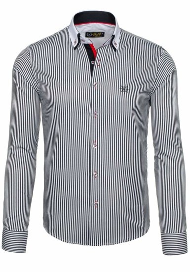 Мъжка елегантна риза на райета с дълъг ръкав бяло-черна Bolf 5758