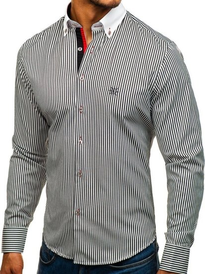 Мъжка елегантна риза на райета с дълъг ръкав бяло-черна Bolf 5759