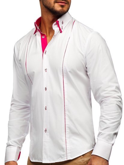 Мъжка елегантна риза с дълъг ръкав бяло-розова Bolf 4744