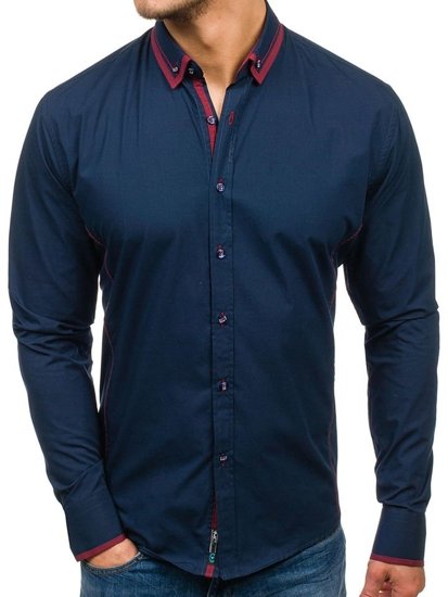 Мъжка елегантна риза с дълъг ръкав тъмносиня Bolf 4720