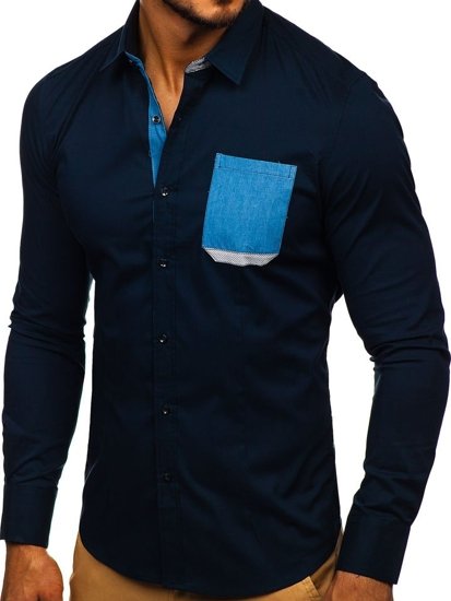 Мъжка елегантна риза с дълъг ръкав тъмносиня Bolf 7192