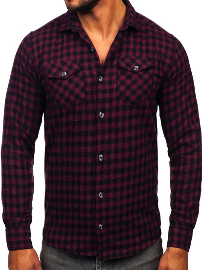 Мъжка карирана бархетна риза с дълъг ръкав в цвят бордо Bolf 22701