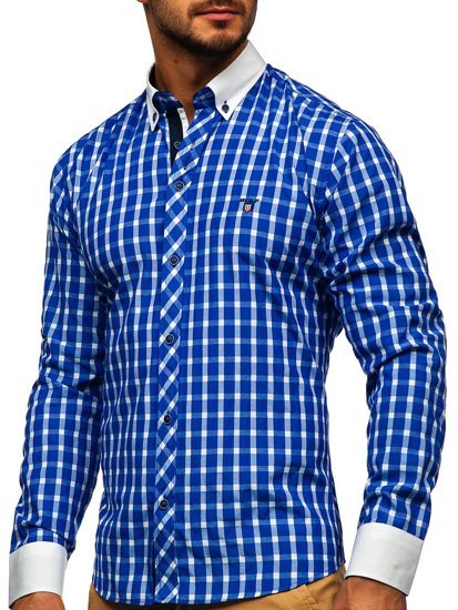 Мъжка карирана риза с дълъг ръкав  кобалт Bolf 5737