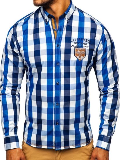 Мъжка карирана риза с дълъг ръкав синя Bolf 1766-1