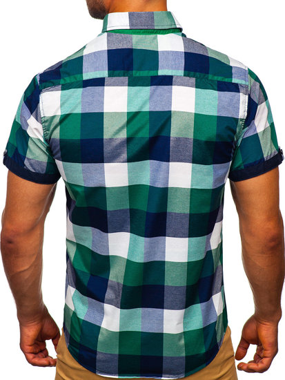 Мъжка карирана риза с къс ръкав зелена Bolf 5532-1