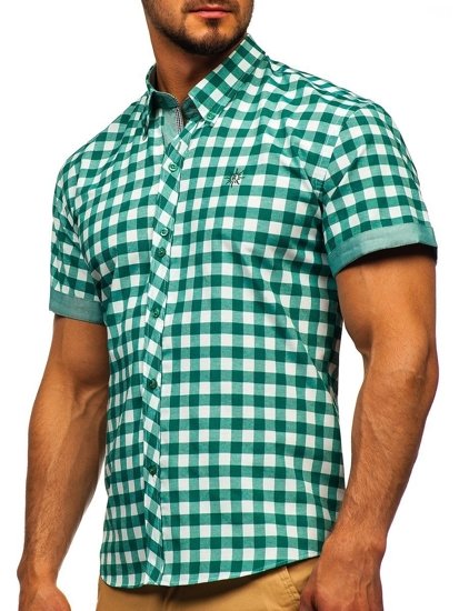 Мъжка карирана риза с къс ръкав зелена Bolf 6522