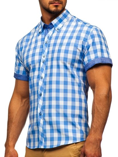 Мъжка карирана риза с къс ръкав синя Bolf 6522