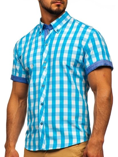 Мъжка карирана риза с къс ръкав цвят тюркоаз Bolf 6522