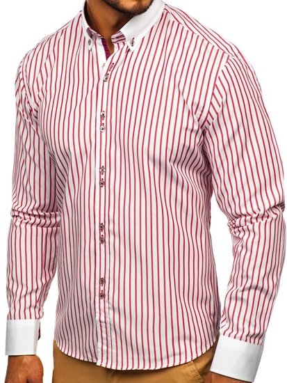 Мъжка раирана риза с дълъг ръкав червена Bolf 9713