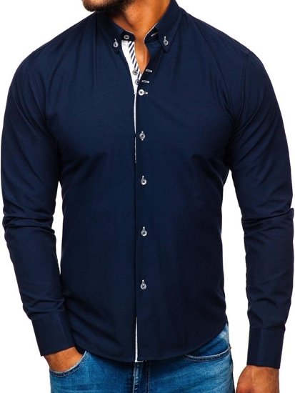 Мъжка риза елегантна с дълъг ръкав тъмносиня Bolf 5796-1