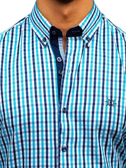 Мъжка риза на каре виши с дълъг ръкав цвят тюркоаз Bolf 4712