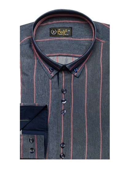 Мъжка риза на райета с дълъг ръкав тъмносиня Bolf 8837