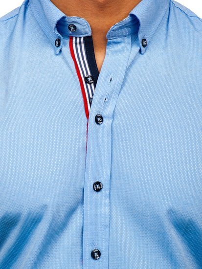 Мъжка риза с дълъг ръкав с принт синя Bolf 8843