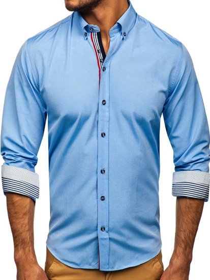 Мъжка риза с дълъг ръкав с принт синя Bolf 8843