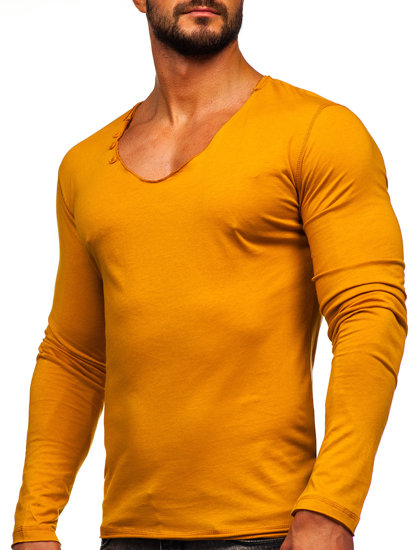 Мъжка тениска с дълъг ръкав без принт цвят горчица Bolf 547