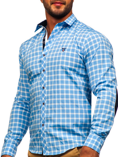 Небесносиня мъжка карирана елегантна риза с дълъг ръкав Bolf 4747-1