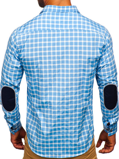 Небесносиня мъжка карирана елегантна риза с дълъг ръкав Bolf 4747-1