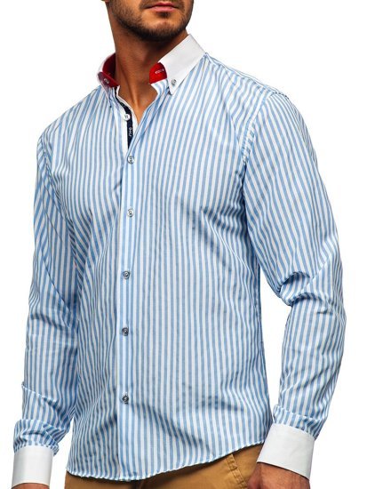 Небесносиня мъжка рaирана риза с дълъг ръкав Bolf 20727