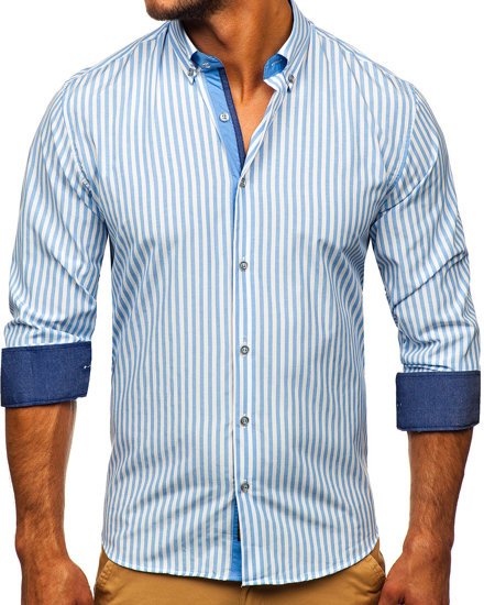 Светлосиня мъжка риза на райета с дълъг ръкав Bolf 20704