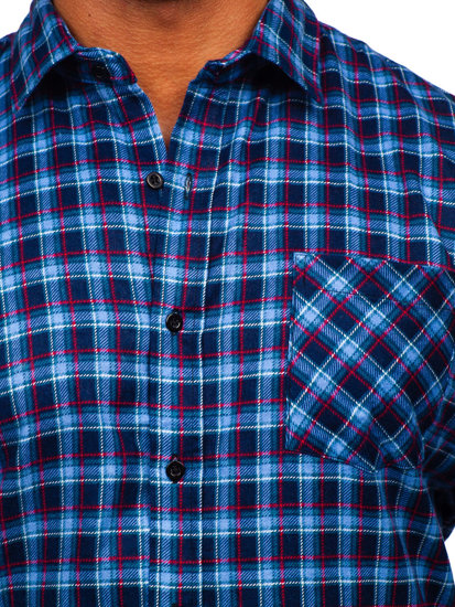 Синьo-червенa мъжка бархетна карирана риза с дълъг ръкав Bolf F4