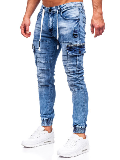 Тъмносини дънкови мъжки панталони тип джогъри с карго джобове slim fit Bolf E9652